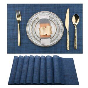 NAVY PLACEMATS WASHABLE VINYL HEAT RESISTANT TABLE MATS 17X12 INCH SET OF 8